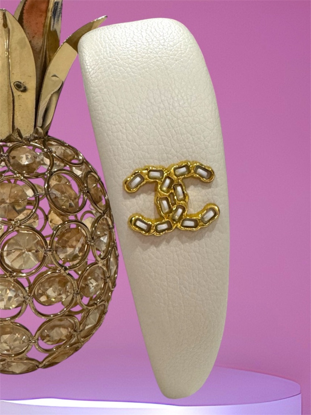 CHANNNEL White Padded Headband with Gold CC Crystal Logo